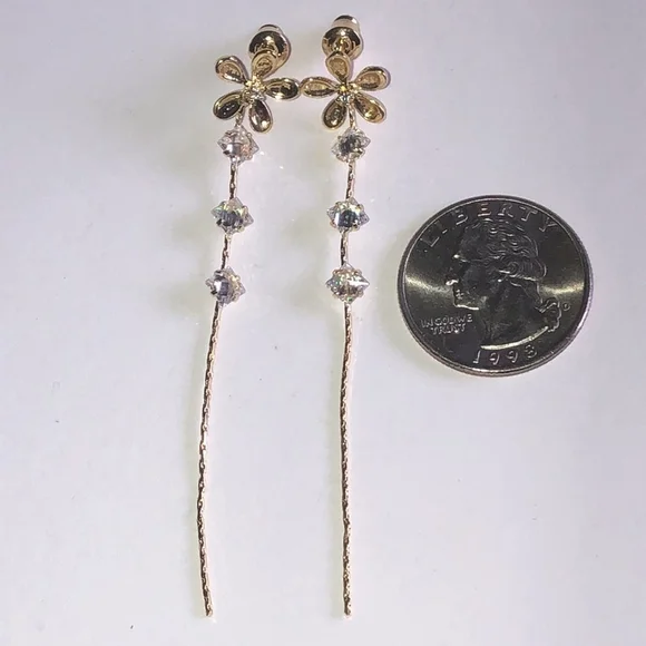 Gold Tone CZ Rhinestone Flower Dangling Pierced Earrings - Picture 4 of 6